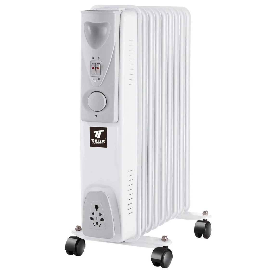 Un radiador de aceite blanco con panel de control y ruedas. Tiene la marca THULOS.