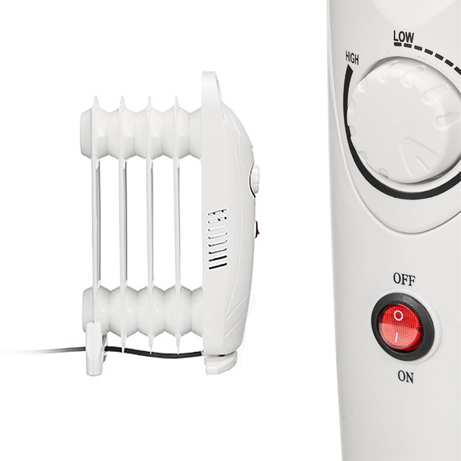 Un radiador de aceite blanco con un panel de control y un interruptor de encendido/apagado. El radiador tiene múltiples aletas. El panel tiene un dial.