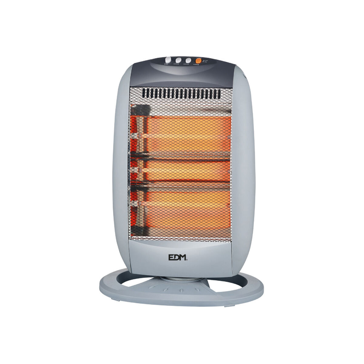 Un calefactor eléctrico gris con elementos calefactores naranjas brillantes. Tiene una rejilla frontal y botones de control en la parte superior.