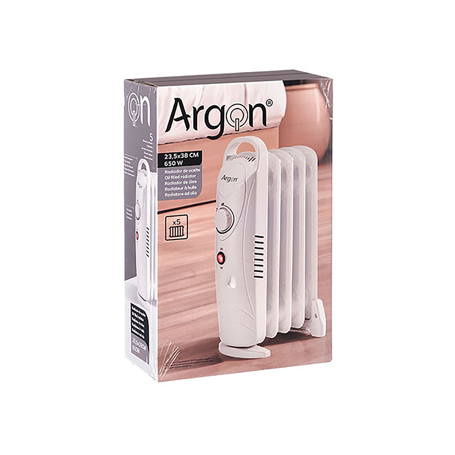 Un radiador de aceite blanco en una caja. La caja muestra la marca 'Argon'. El radiador tiene varias aletas y un panel de control.