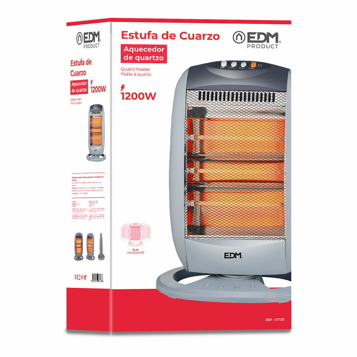 Una caja con un calefactor de cuarzo. Tiene la marca EDM y muestra una imagen del calentador. El texto dice 1200W.