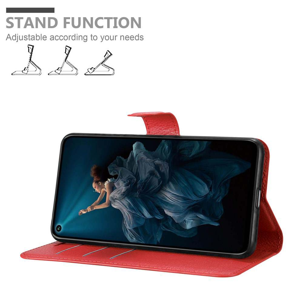 Rote Handyhülle mit Telefon, das eine Frau in fließendem Kleid zeigt. Die Hülle hat eine Standfunktion.