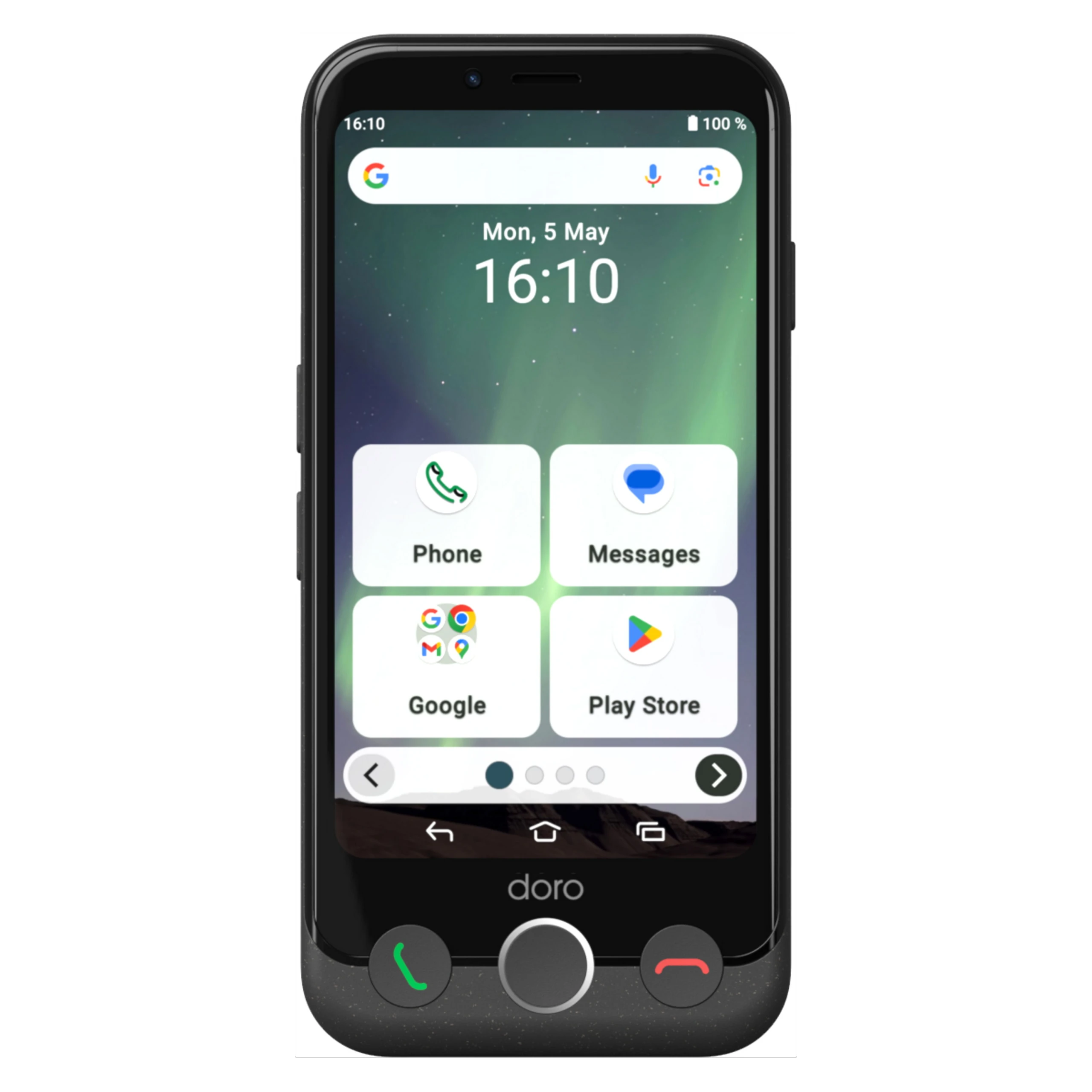 Smartfon wyświetla godzinę i ikony aplikacji, w tym telefon, wiadomości, Google i Sklep Play. Marka to Doro.