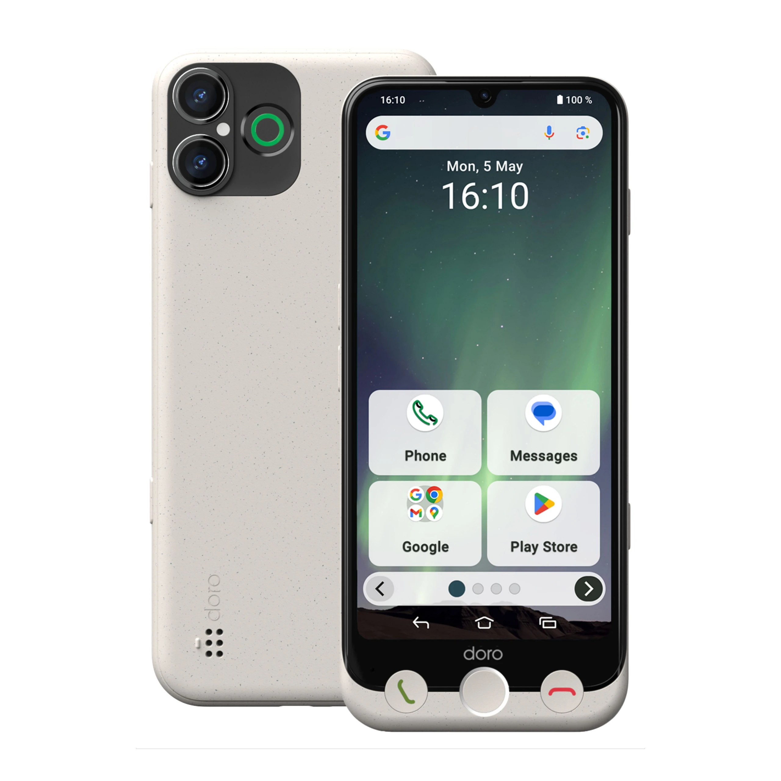 Kremowy smartfon Doro wyświetla ekran główny z ikonami aplikacji, godziną i datą. Z tyłu znajduje się moduł aparatu.