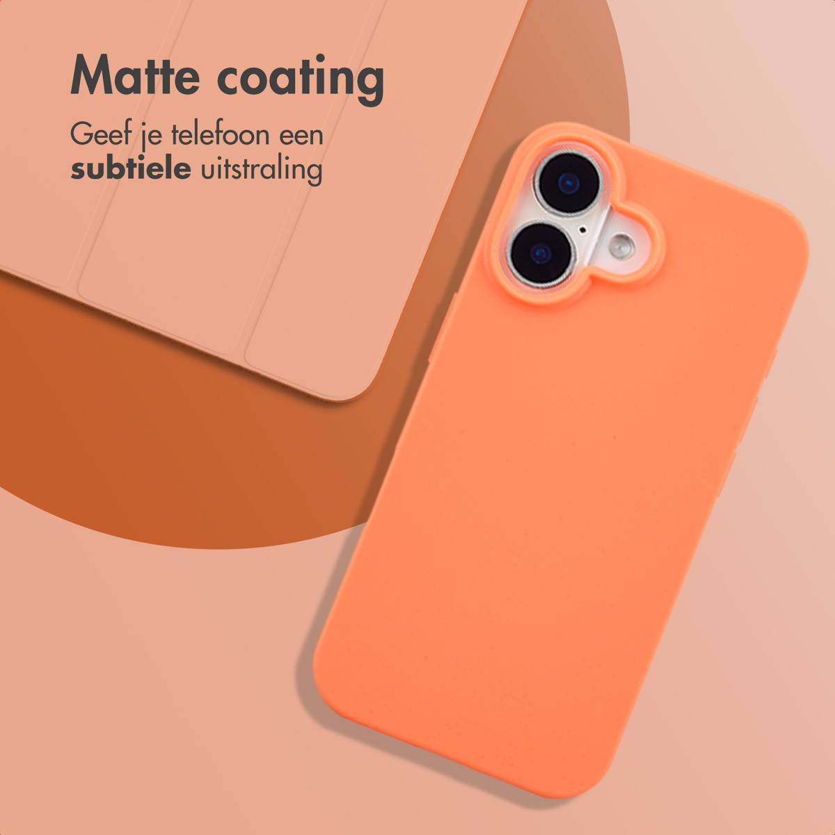 An orange phone case with a matte coating is displayed. A folded phone cover is in the background, text reads 'Matte coating'.