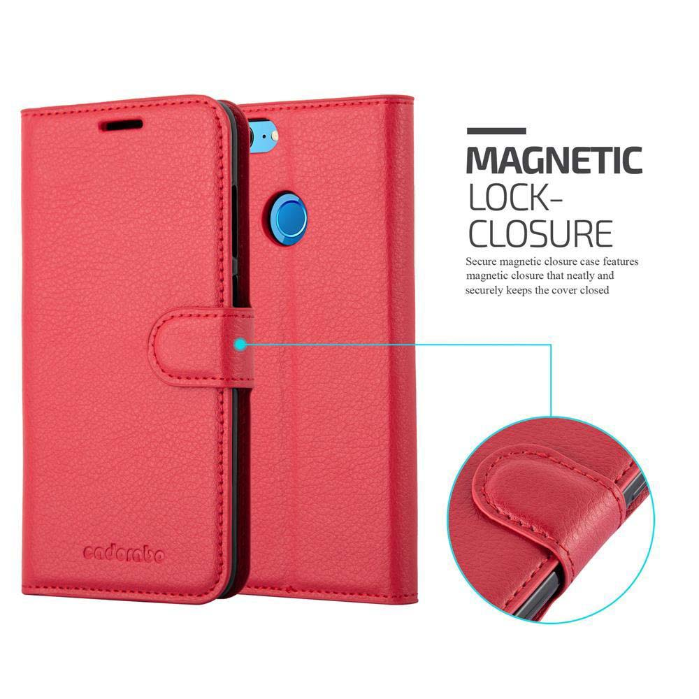 Custodia per telefono rossa con chiusura magnetica. Include un pulsante, superficie strutturata e il marchio cadorabo.