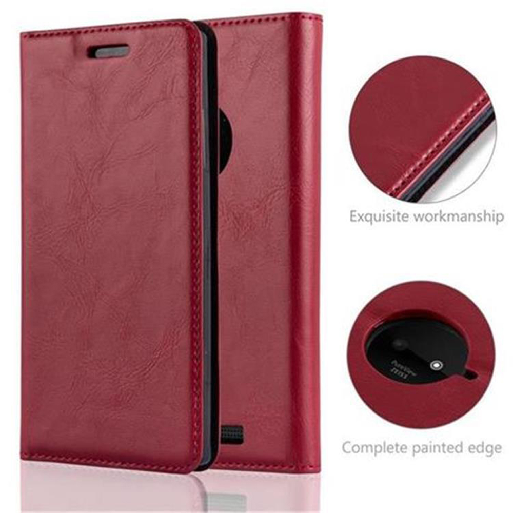 Eine rote Leder-Handyhülle mit schwarzem Rand, die die Details der Nähte und eine vollständig lackierte Kante zeigt.