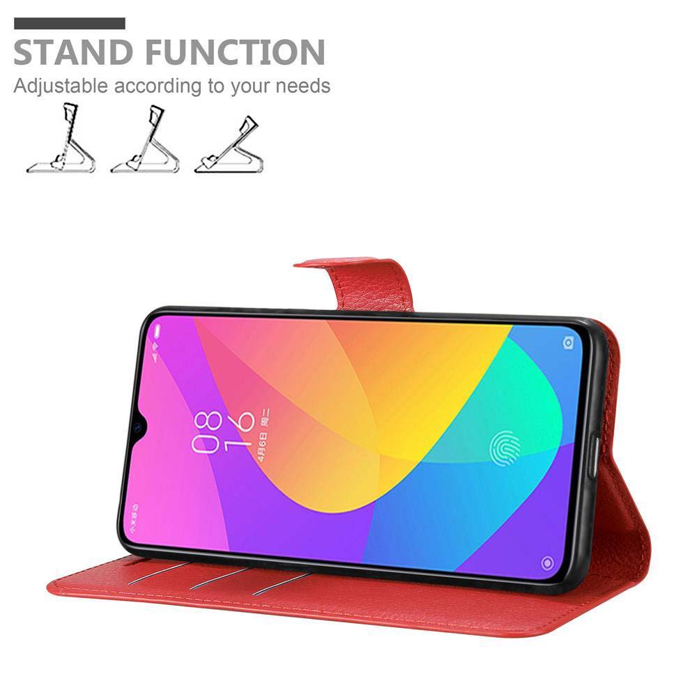 Una custodia rossa per telefono con un telefono che mostra uno schermo colorato. La custodia è aperta, mostrando il telefono in posizione di supporto.