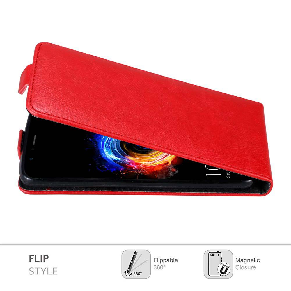 È mostrata una custodia per telefono rossa a flip, aperta, che rivela lo schermo del telefono. Le icone indicano funzionalità come la rotazione a 360° e la chiusura magnetica.