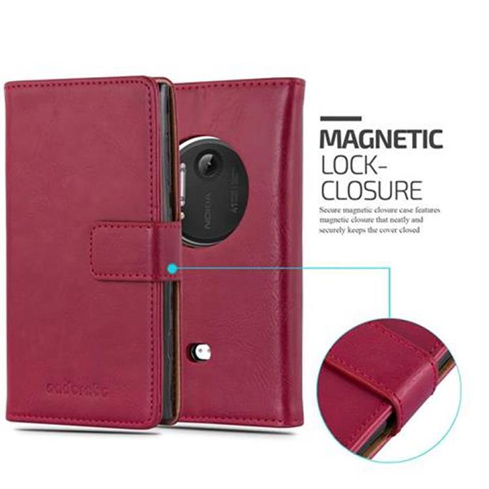 È mostrata una custodia per telefono rossa con chiusura magnetica. La custodia è aperta, rivelando un telefono con il logo Nokia. Un piccolo cerchio mostra la chiusura.