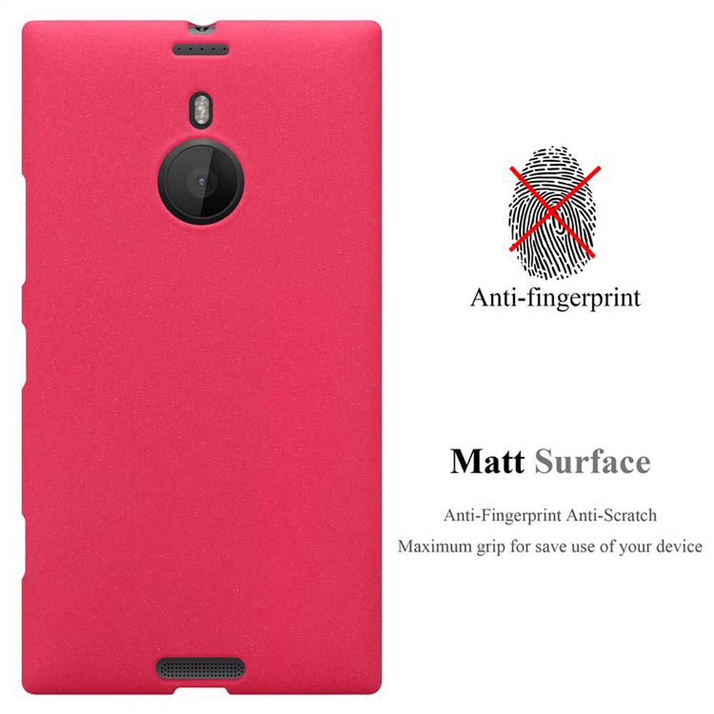 Una custodia rossa per telefono con fotocamera e simbolo di impronta digitale. Testo: 'Matt Surface', 'Anti-Fingerprint Anti-Scratch'.