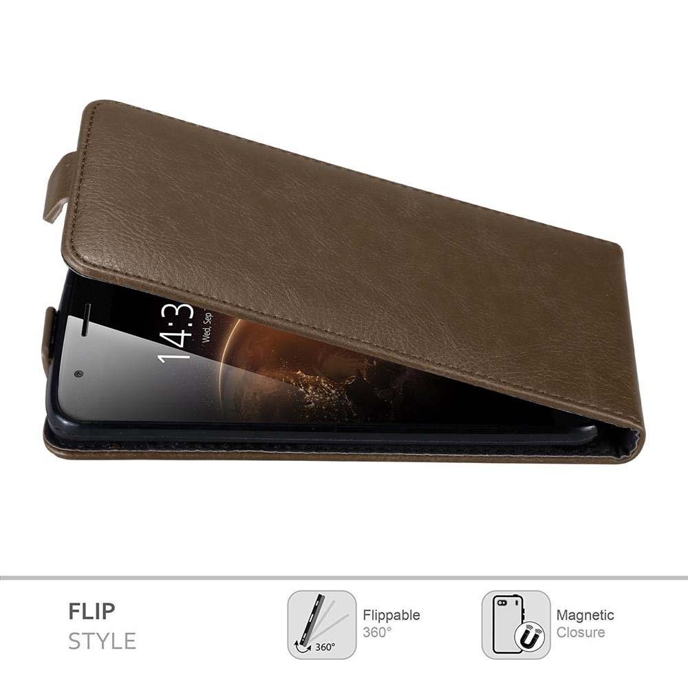Eine braune Flip-Handyhülle mit einem Telefon, das die Uhrzeit anzeigt. Der Text lautet 'Flip Style' und 'Flippable 360°' und 'Magnetic Closure'.