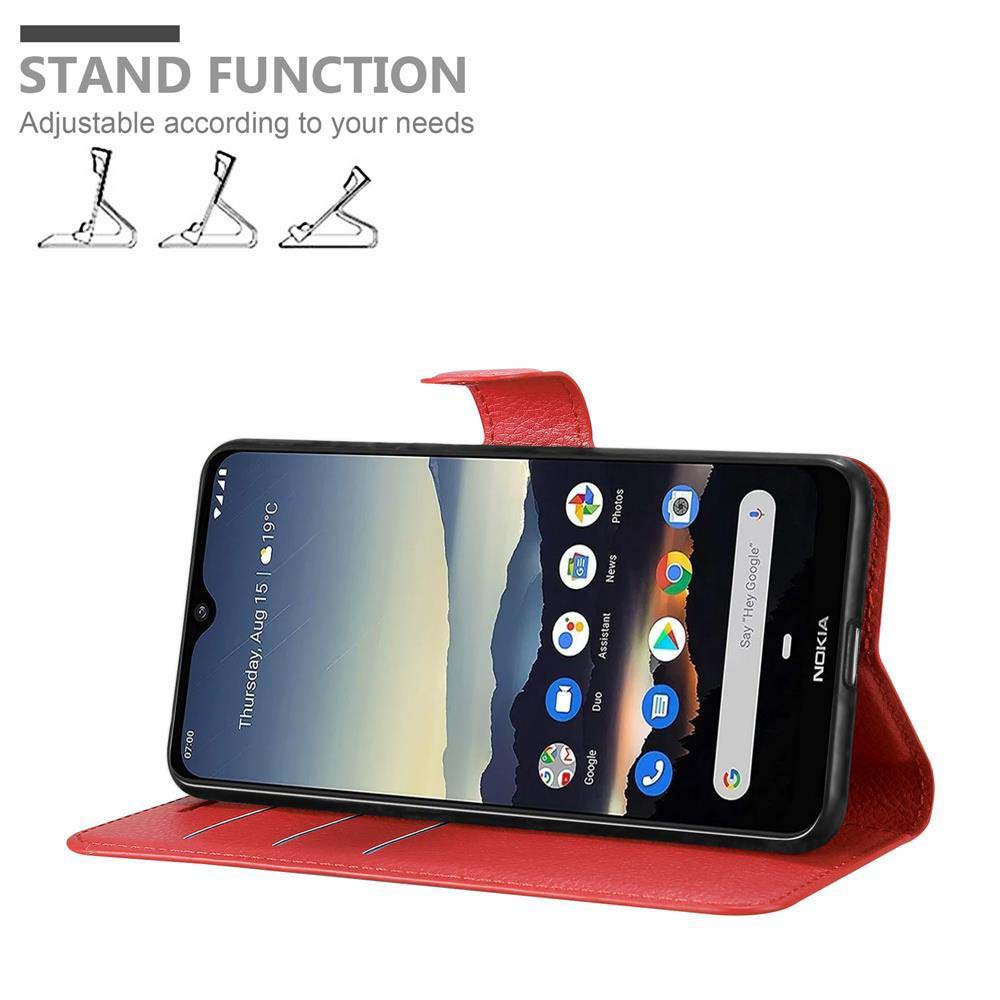 Ein Nokia-Telefon in einer roten Hülle wird angezeigt. Der Bildschirm zeigt App-Symbole. Die Hülle ist geöffnet und zeigt ihre Standfunktion.