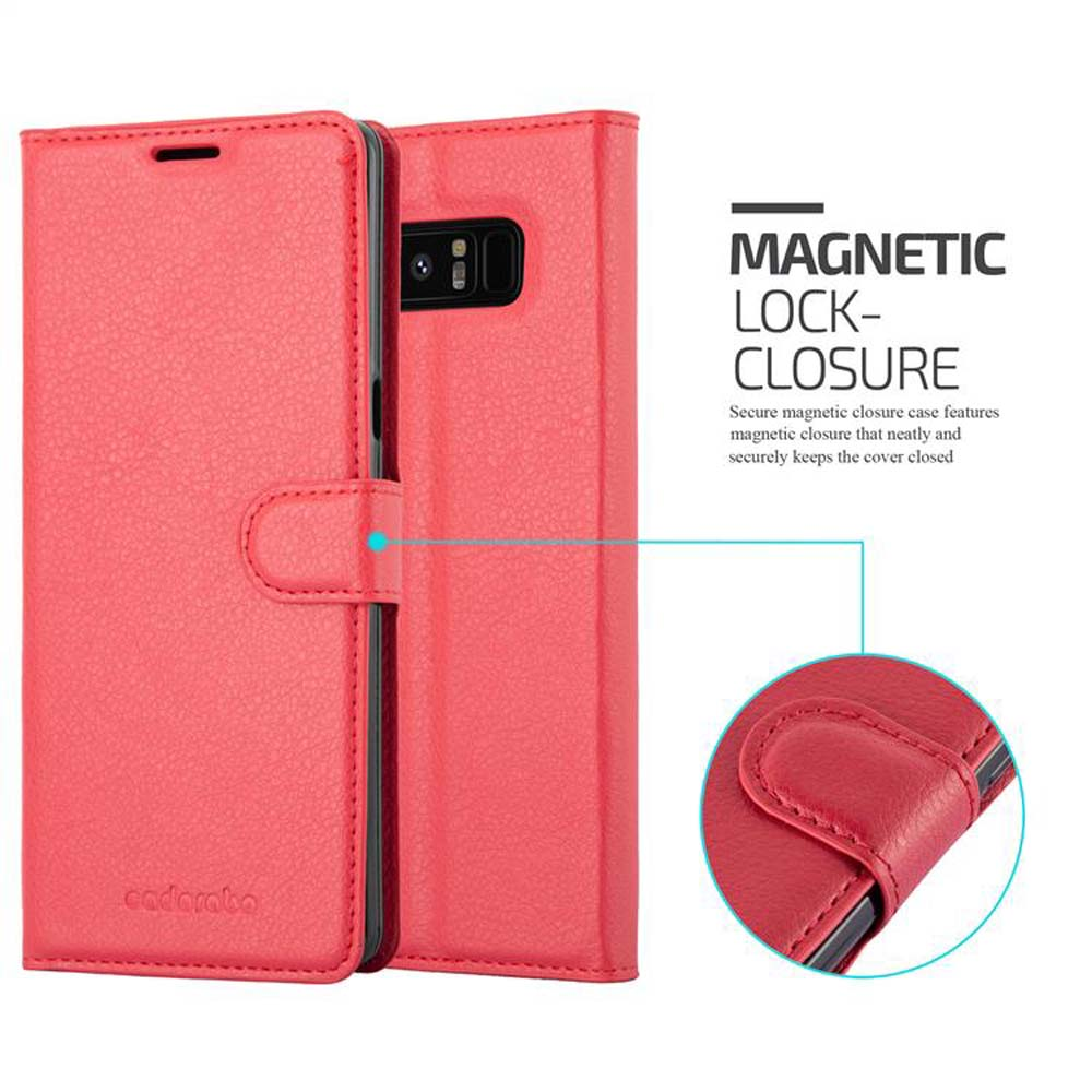 Una custodia rossa per telefono è aperta, mostrando l'interno e il retro, con chiusura magnetica.