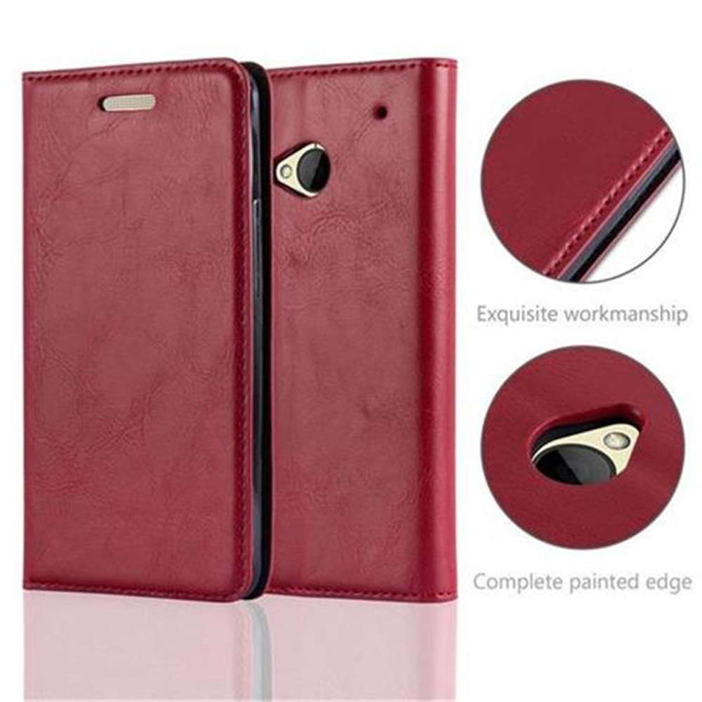 Funda de teléfono de cuero rojo abierta. Dos primeros planos muestran detalles. Uno dice 'Exquisite Workmanship'. Otro, 'Complete painted edge'.