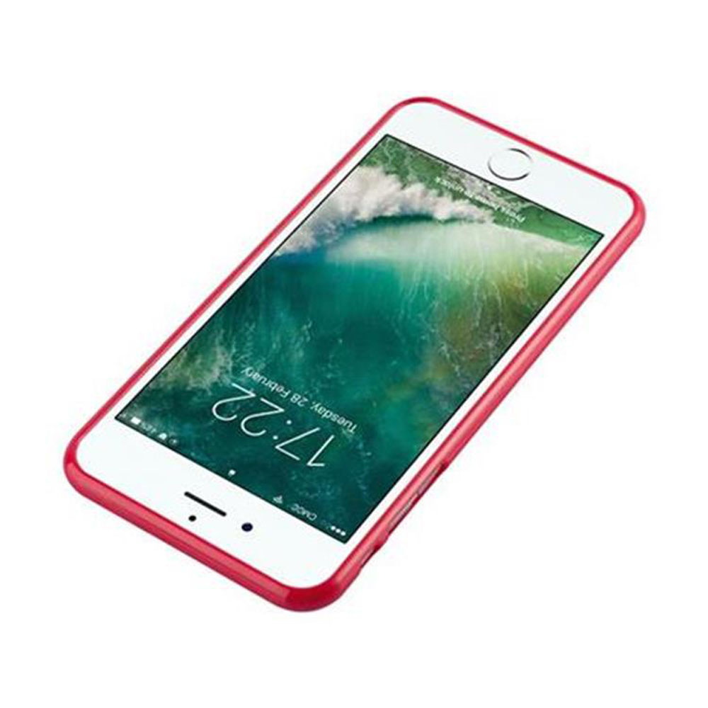 Uno smartphone con custodia rossa mostra uno sfondo verde e bianco. L'ora è 17:22, martedì 28 febbraio.
