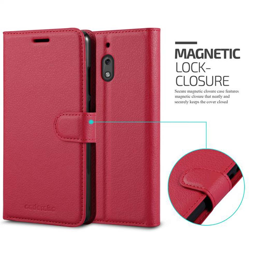 Una custodia per telefono rossa con chiusura magnetica. La custodia è aperta, mostrando l'interno. Il testo dice 'Magnetic Lock-Closure'.