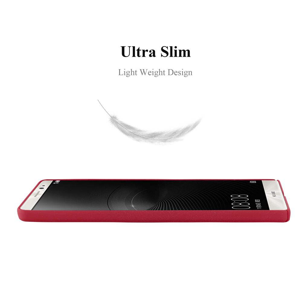 Ein rotes Smartphone mit schwarzem Bildschirm. Darüber steht 'Ultra Slim' und eine Feder.