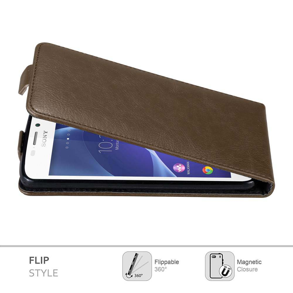 Funda de teléfono tipo flip marrón con un teléfono Sony dentro. El teléfono muestra la hora e iconos de aplicaciones.