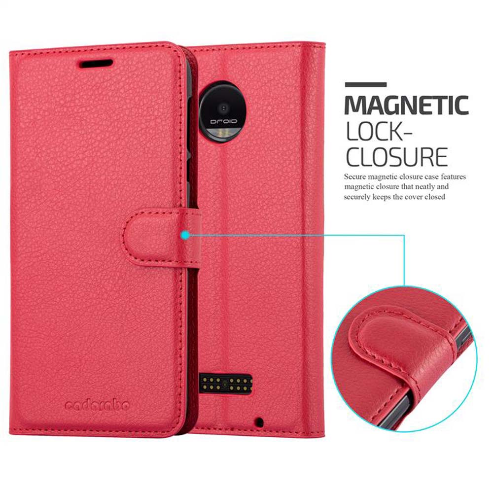 Custodia per telefono rossa con chiusura magnetica, marca cadarabo. Include il logo DROID e la descrizione del prodotto.