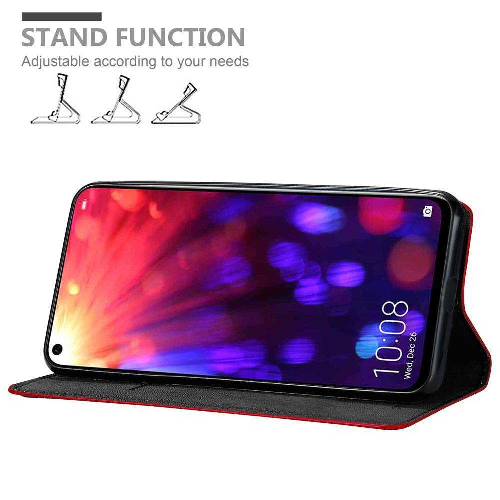 Un telefono in una custodia rossa è aperto, mostrando uno schermo con l'ora. Il testo in alto mostra la funzione di supporto e le esigenze regolabili.