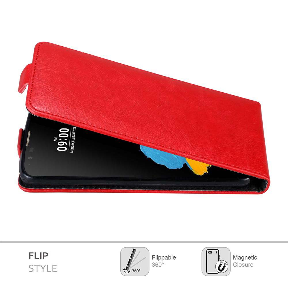 Custodia a libro rossa con telefono che mostra ora e data. Caratteristiche: girevole a 360° e chiusura magnetica.
