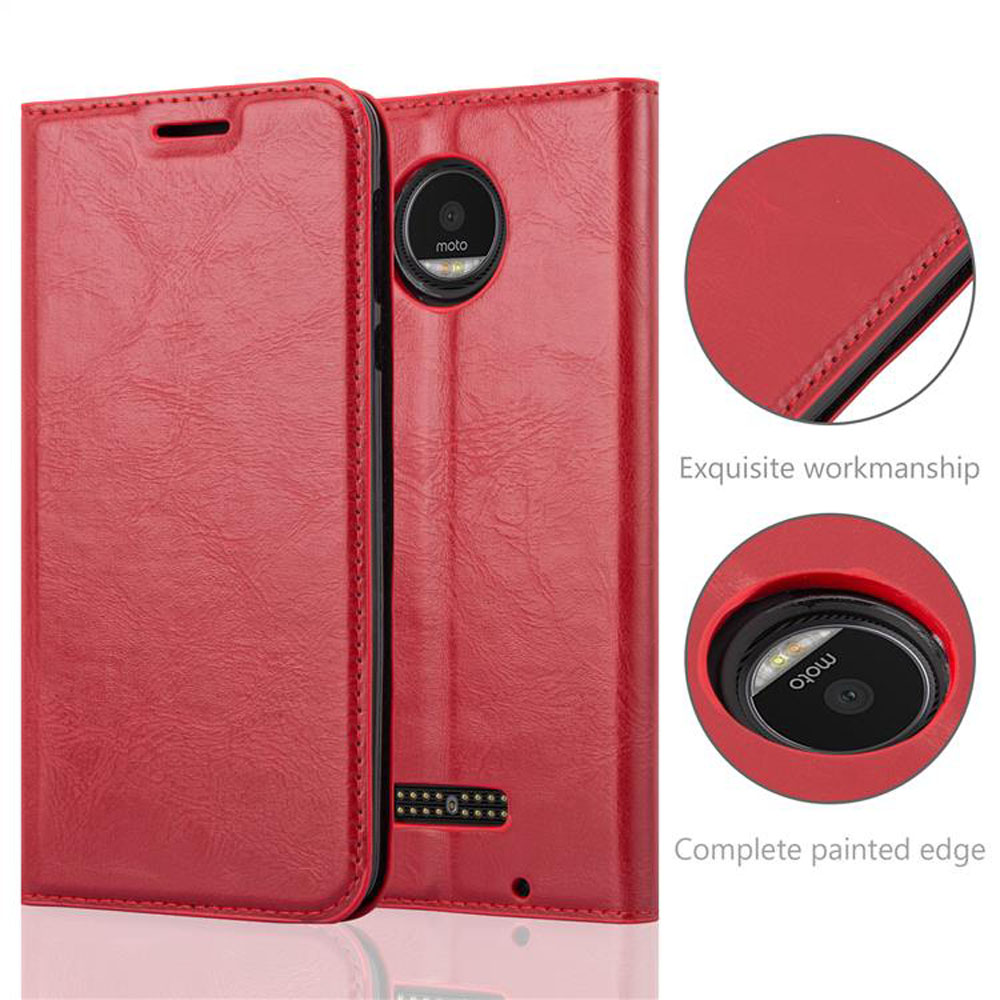 Custodia rossa per telefono, aperta. Dettagli: logo moto, fotocamera e le scritte 'Exquisite workmanship' e 'Complete painted edge'.