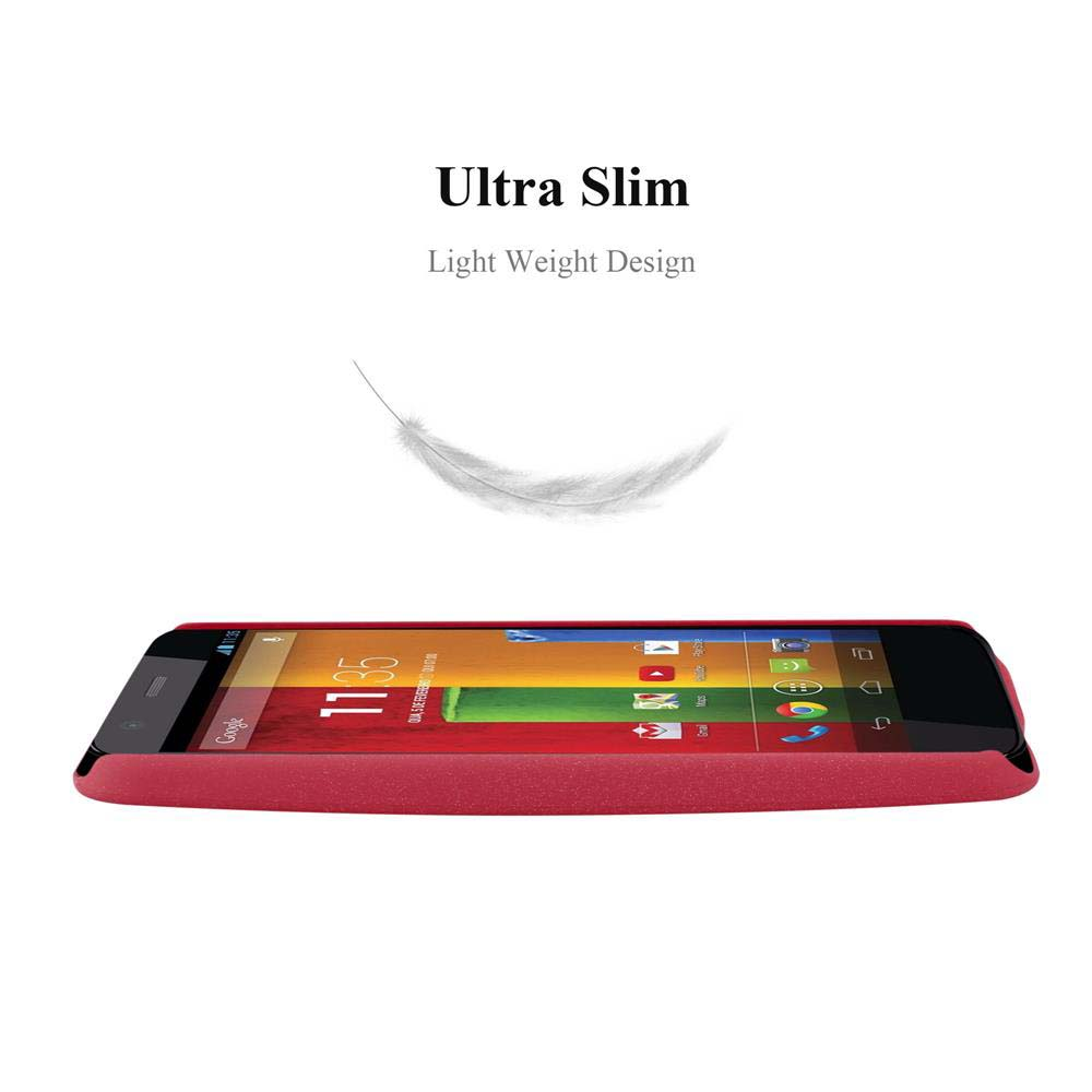 Ein rotes Smartphone mit Apps auf dem Bildschirm. Darüber steht 'Ultra Slim, Light Weight Design'. Eine Feder schwebt darüber.