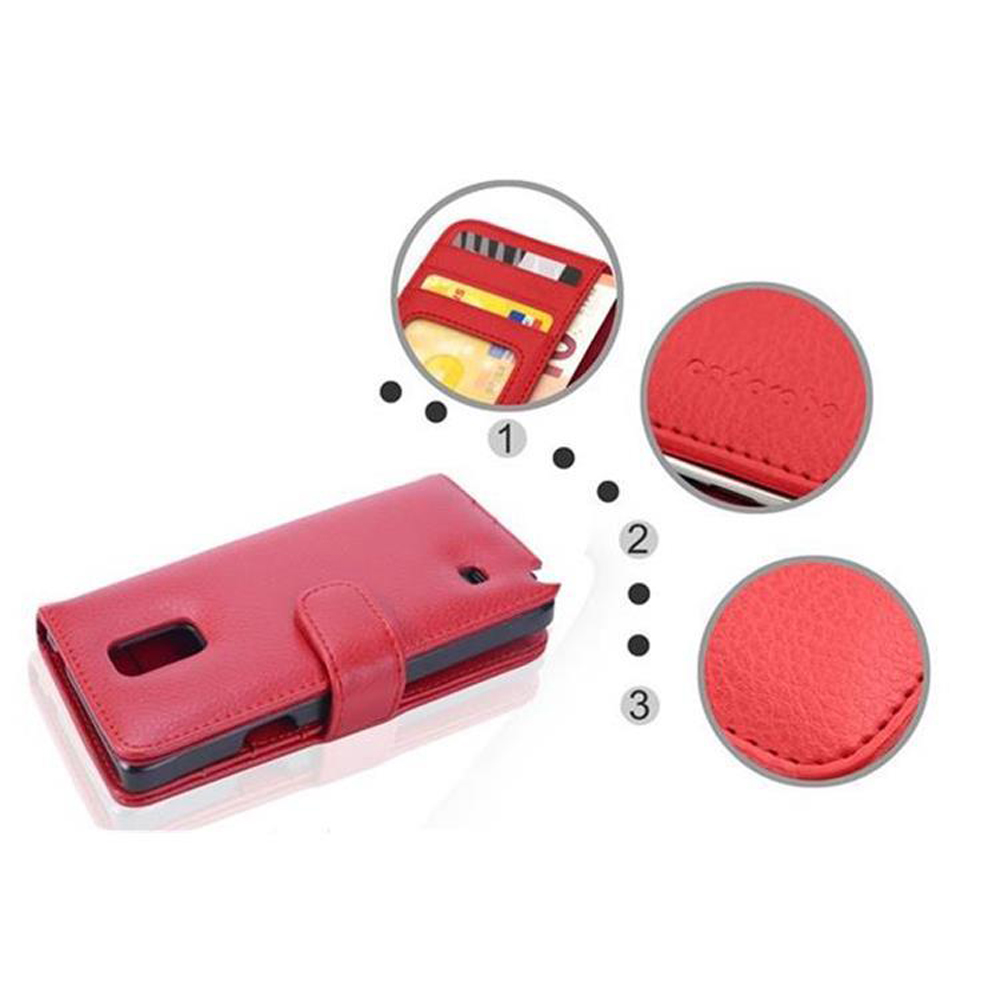 Una custodia per telefono in pelle rossa con slot per carte. I dettagli includono cuciture e chiusura magnetica. Vengono mostrati cerchi ravvicinati.