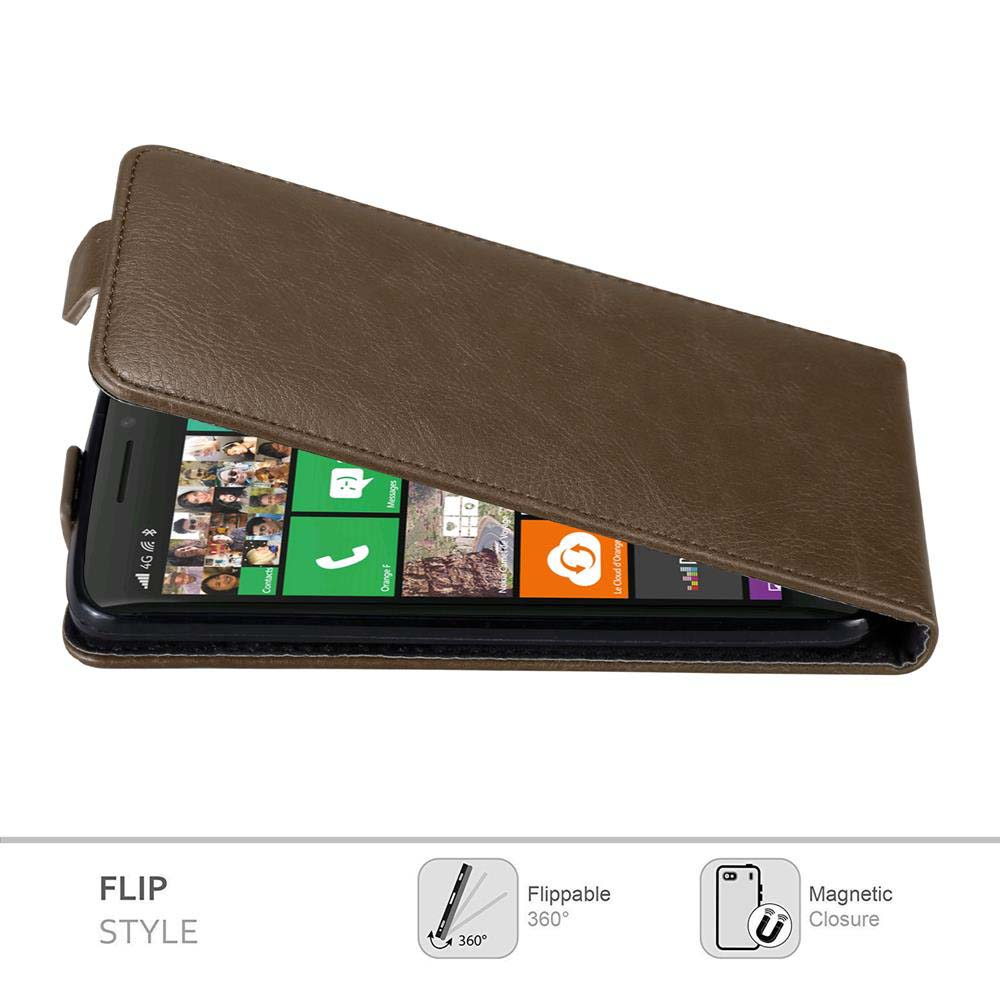Eine braune Flip-Style-Handyhülle ist geöffnet und zeigt einen Smartphone-Bildschirm mit App-Symbolen. Grafiken zeigen 360-Grad-Drehung und Magnetverschluss.