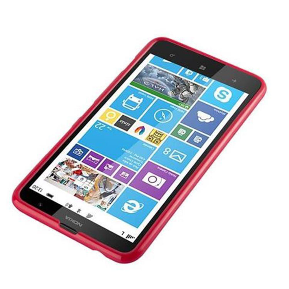 Un smartphone Nokia à coque rouge sur fond blanc. L'écran affiche des icônes d'applications sur fond bleu et blanc.