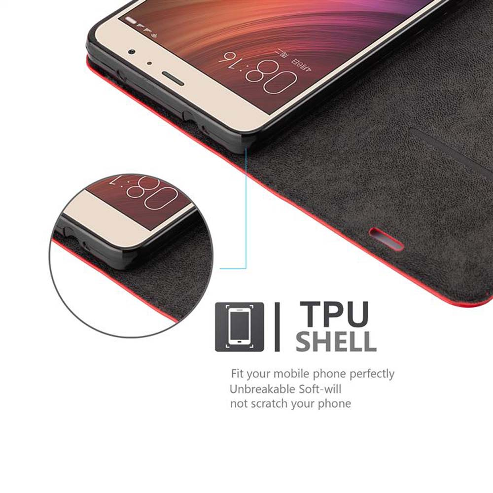 Uno smartphone in una custodia nera, che mostra l'ora 08:16. La custodia ha un bordo rosso. Testo: 'TPU SHELL'.