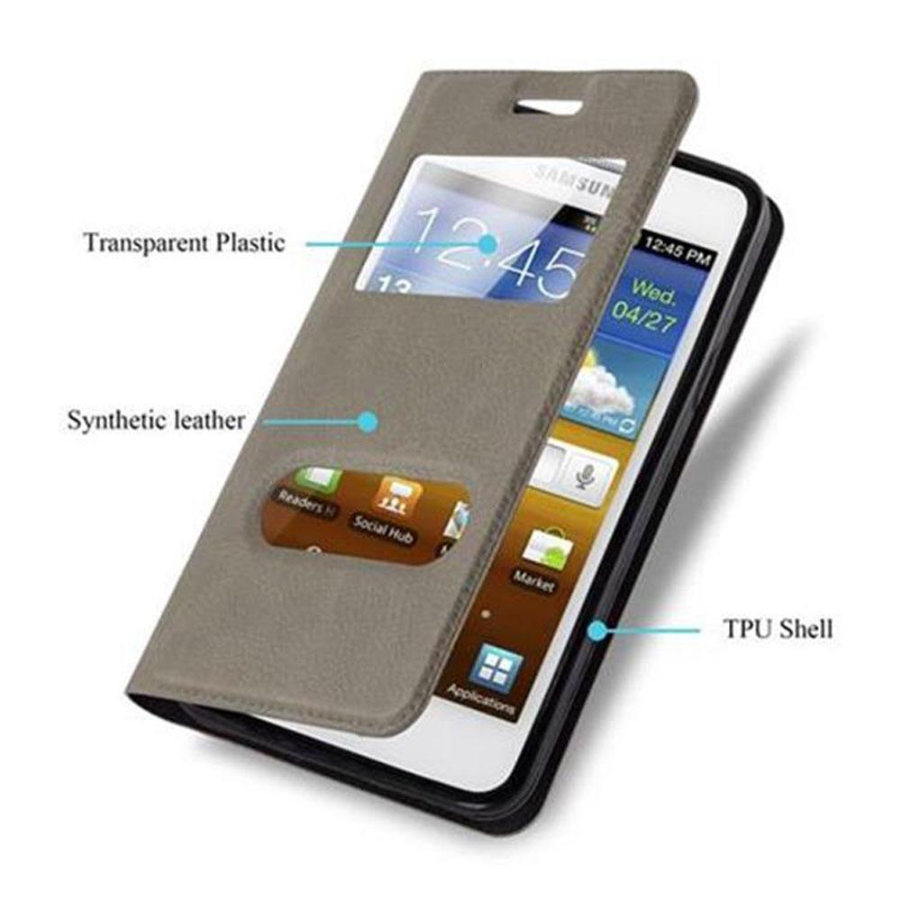 Una funda de teléfono está abierta, mostrando la pantalla del teléfono. La funda es gris con una ventana. La pantalla muestra la hora y apps.