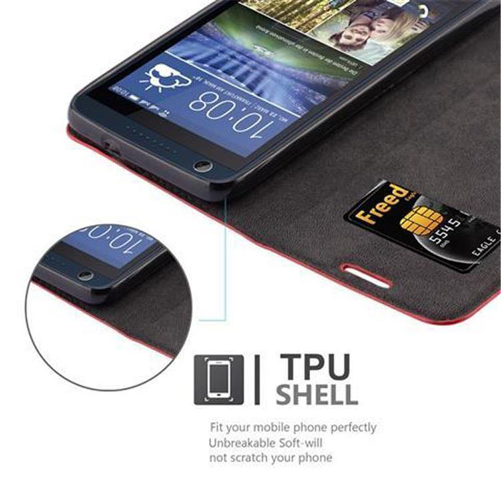 Ein Smartphone zeigt 10:08 Uhr an. Eine Freed-Karte befindet sich im Etui. Das Etui ist schwarz und rot. Text sagt TPU SHELL.