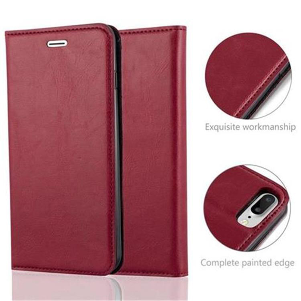 Eine rote Leder-Handyhülle mit zwei Nahaufnahmen: exquisite Verarbeitung und vollständig lackierte Kante.