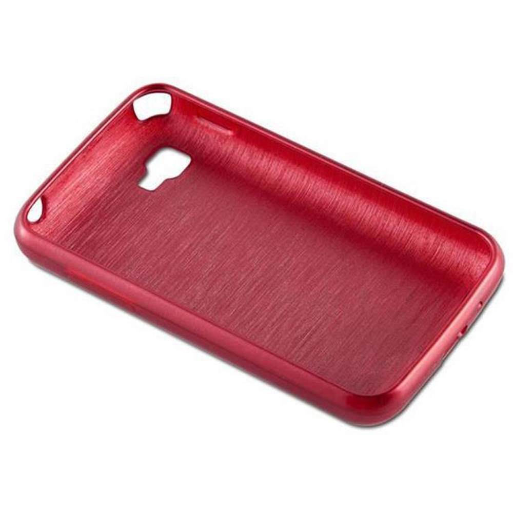 Eine rote Handyhülle mit gebürsteter Metallstruktur. Sie hat Aussparungen für Kamera, Knöpfe und Anschlüsse.