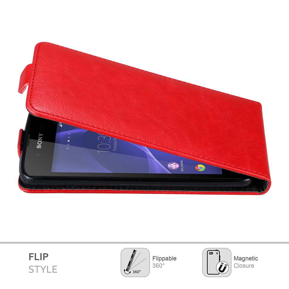 Rote Klapphandyhülle mit Telefon darin. Das Telefon zeigt die Uhrzeit an. Symbole für Walkman und Google sind sichtbar.