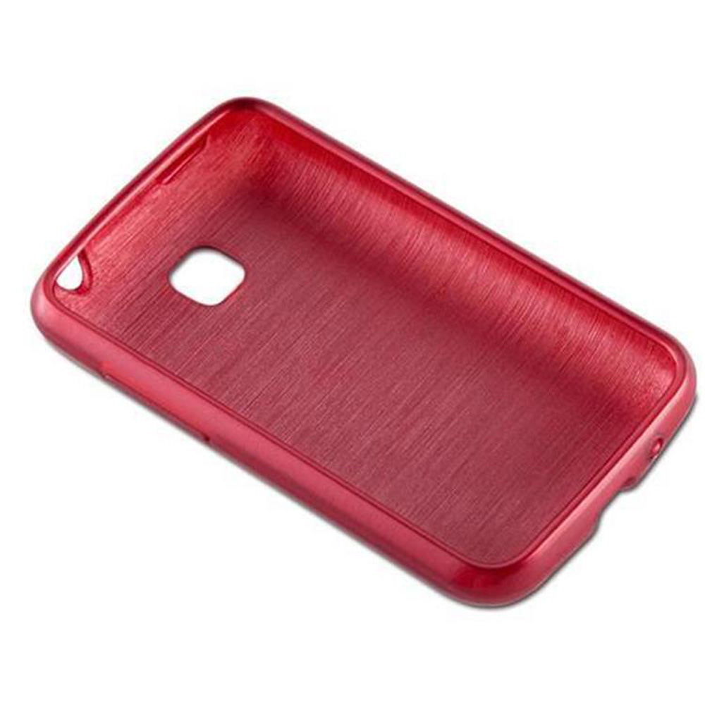 Una custodia rossa per telefono con superficie strutturata, un foro per la fotocamera e bordi lisci, su sfondo bianco.
