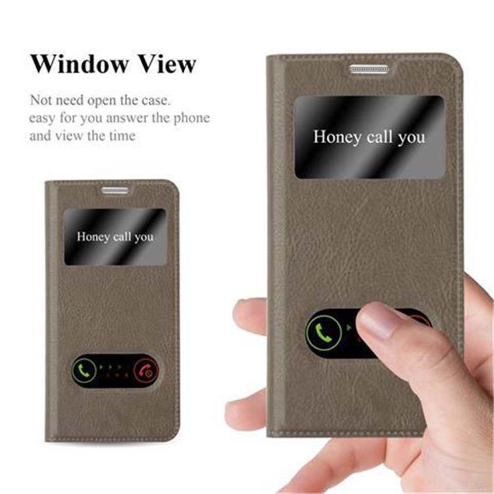 Una funda de teléfono con ventana que muestra una llamada de 'Honey'. Una mano sostiene la funda mostrando botones de responder/rechazar.