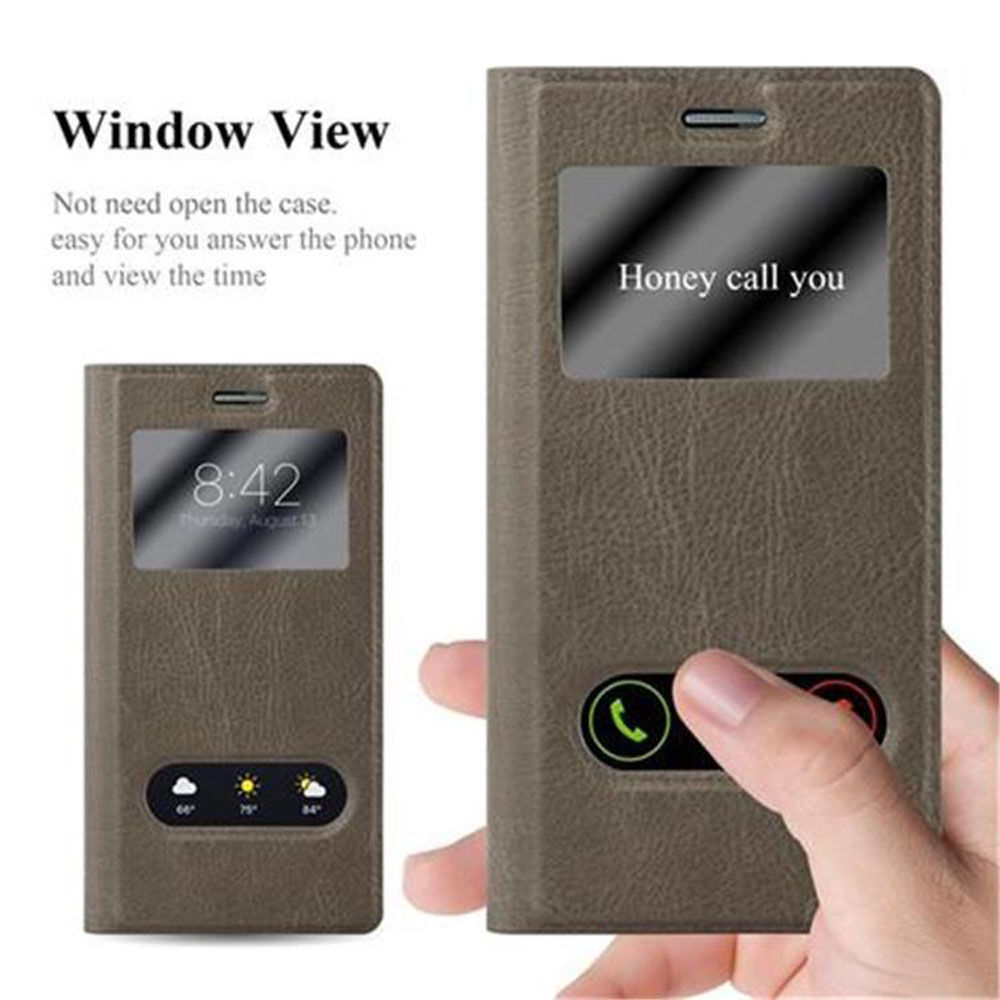 Se muestra una funda de teléfono, mostrando la hora y una notificación de llamada. Una mano sostiene la funda con un botón de aceptar llamada resaltado.