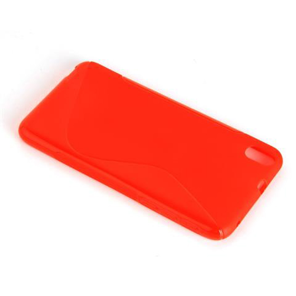 Una custodia arancione per telefono su una superficie bianca. Ha un design curvo e un foro per la fotocamera. Sfondo bianco.