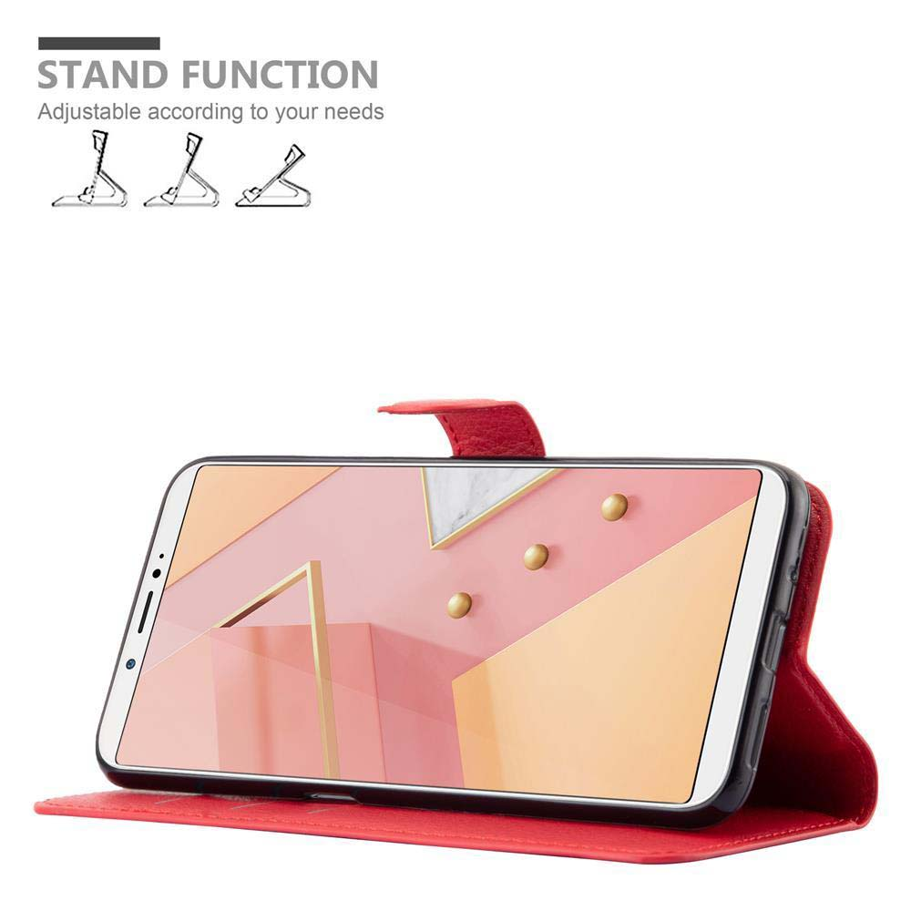 Custodia rossa con telefono. Lo schermo mostra un design geometrico colorato. Testo "Stand function" in alto.