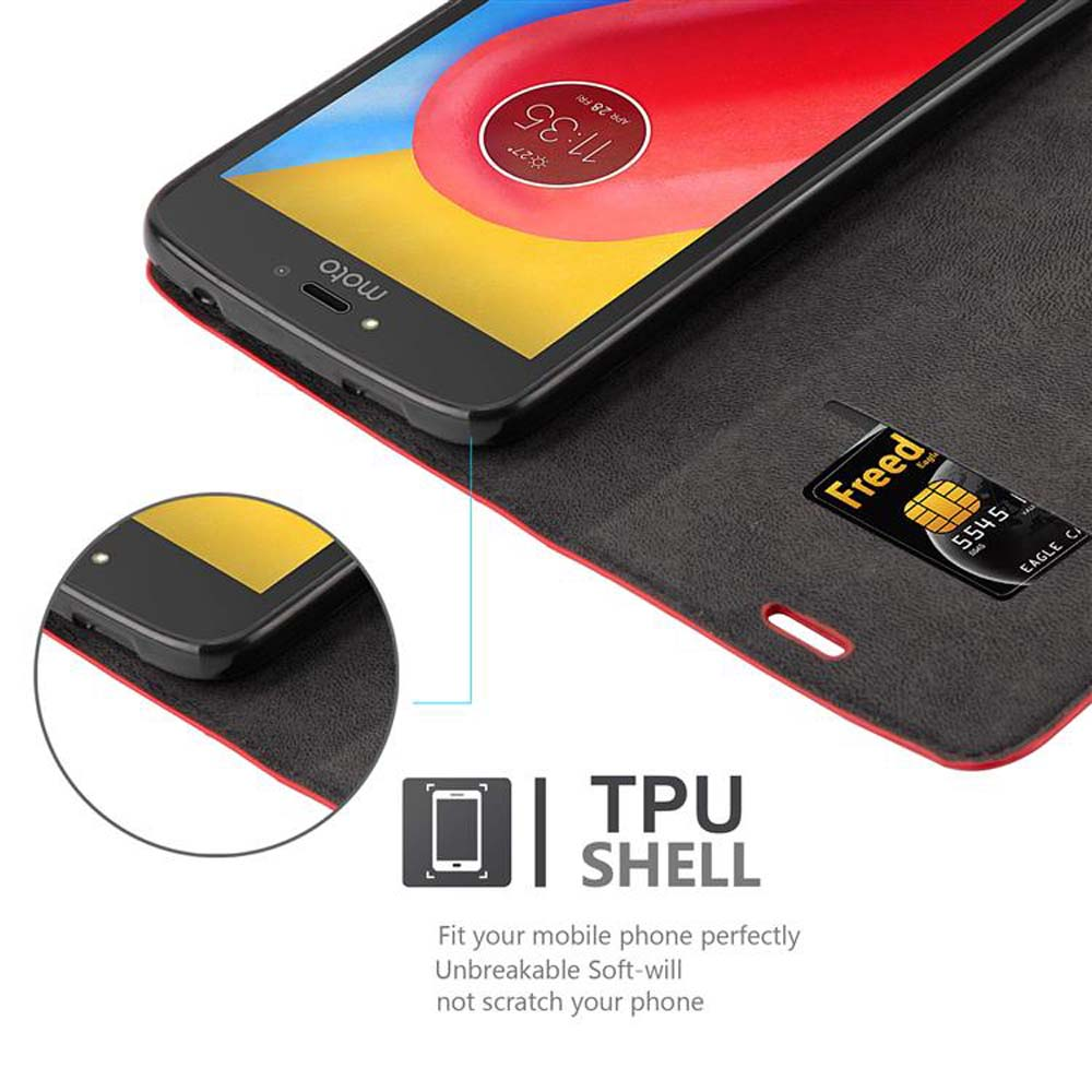 Uno smartphone con schermo rosso che mostra l'ora, all'interno di una custodia nera con carta di credito. Testo: TPU SHELL.