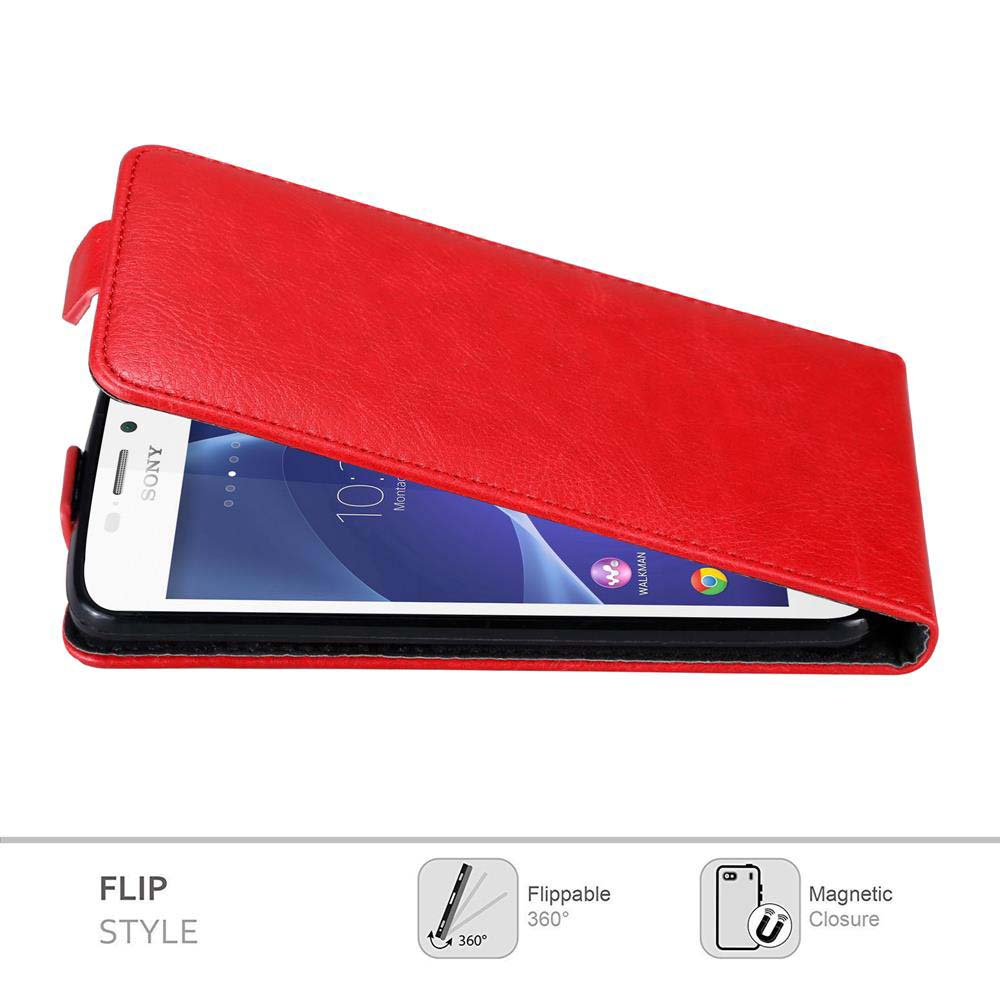 Una funda roja tipo flip para teléfono con un teléfono Sony dentro. La funda está abierta, mostrando la pantalla del teléfono. Se ven iconos.