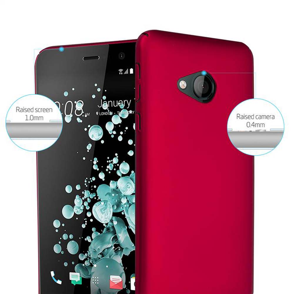 Ein rotes Smartphone mit Kalender und Uhrzeit. Daneben eine rote Handyhülle. Erhöhter Bildschirm und Kameradetails.