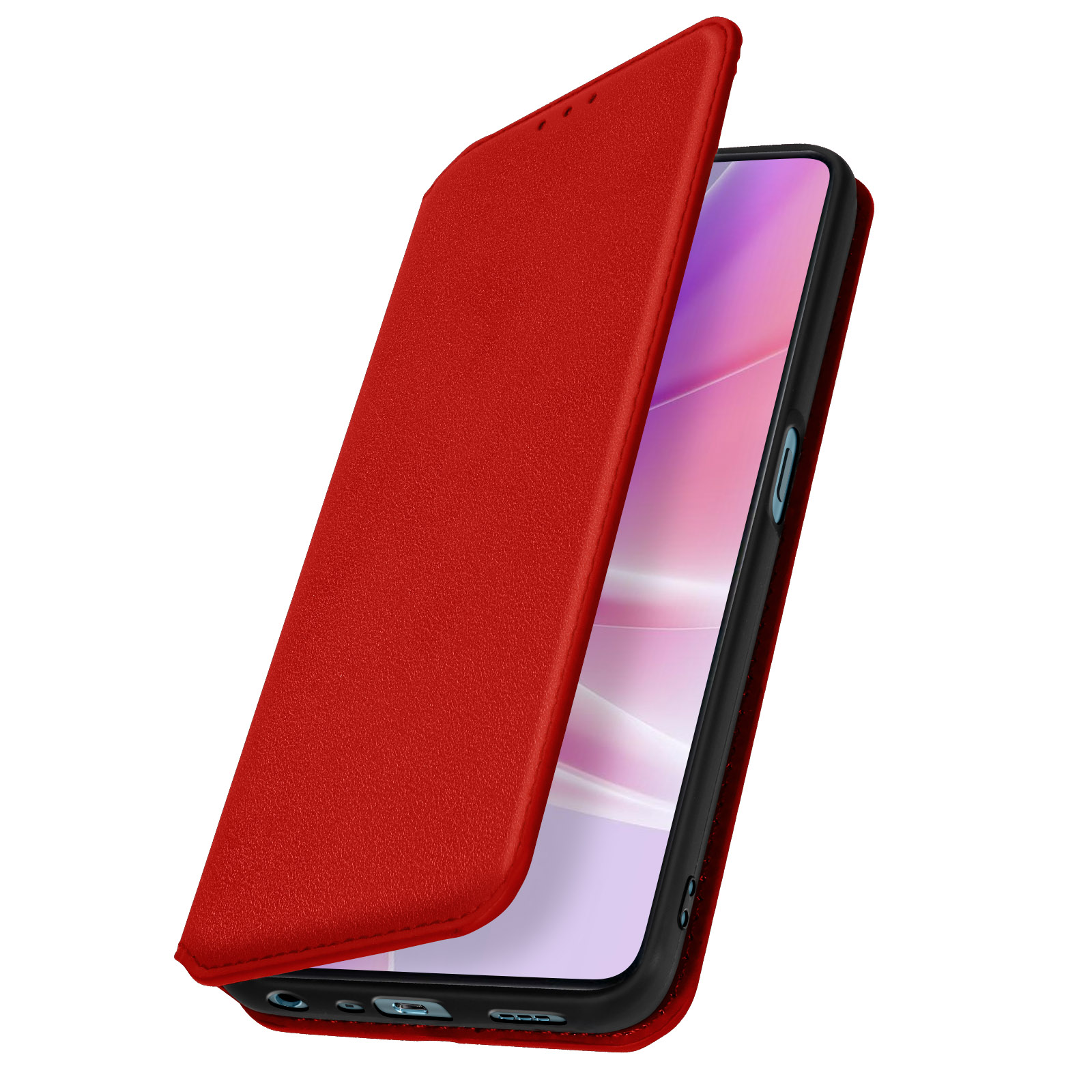 Custodia rossa per telefono, aperta, che rivela lo schermo. La custodia è strutturata.