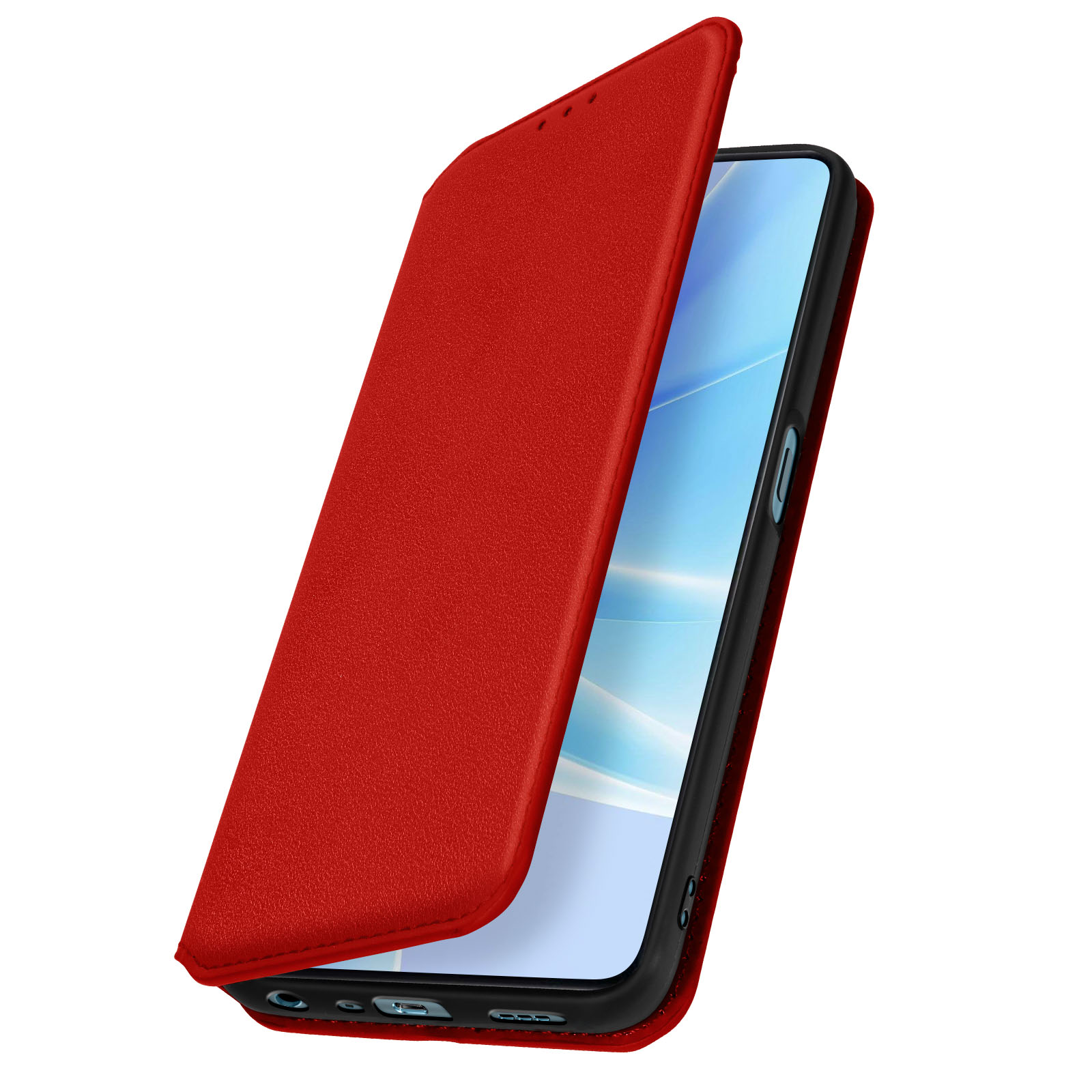 Custodia rossa per telefono aperta, che mostra uno smartphone. La custodia è in pelle strutturata. Sfondo bianco.