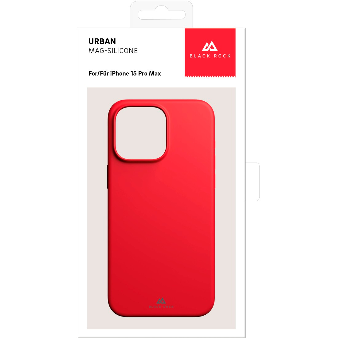 Una custodia rossa per iPhone 15 Pro Max, con il marchio 'BLACK ROCK' e 'URBAN MAG-SILICONE' su una confezione bianca.