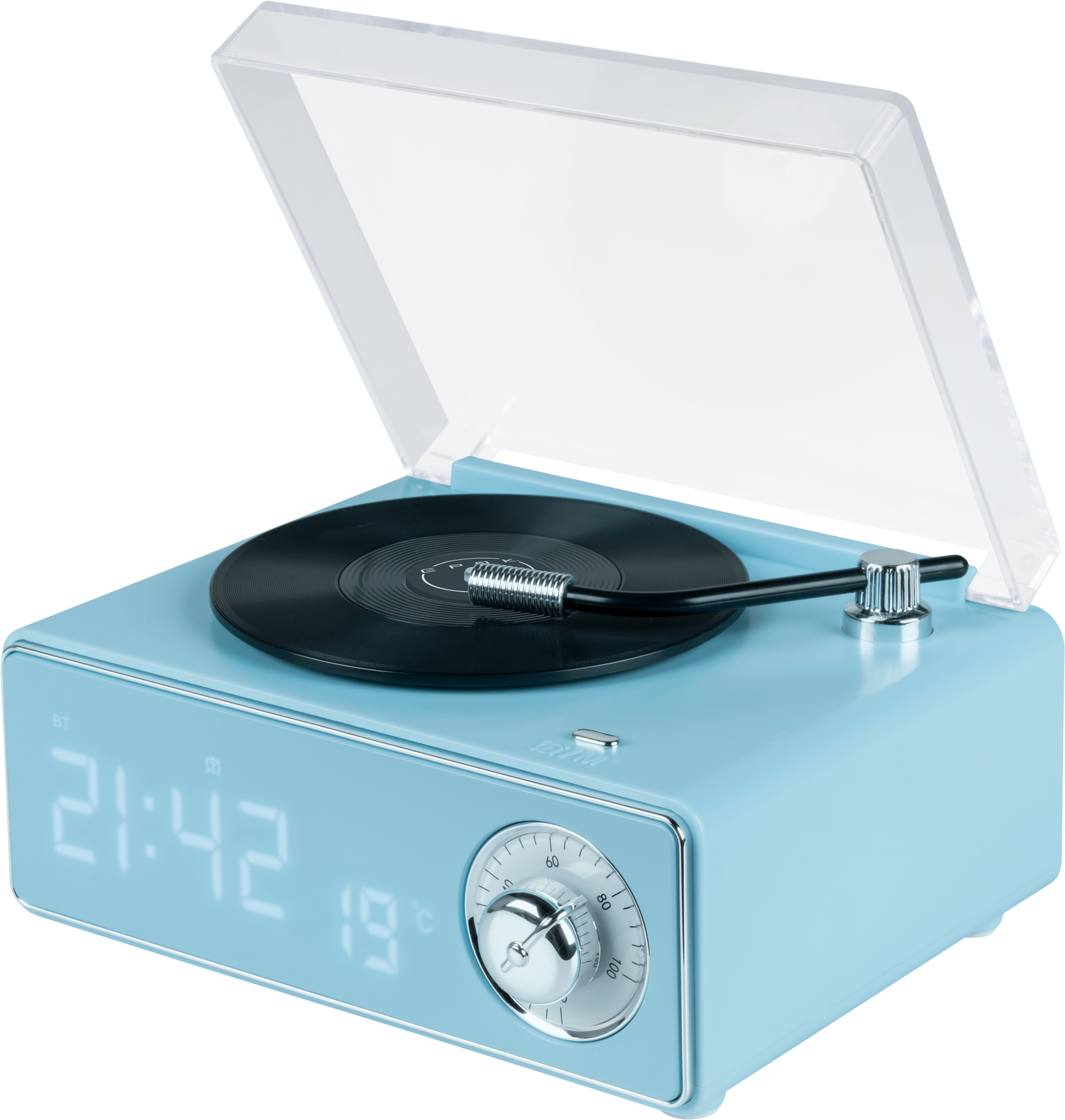 Tourne-disque bleu avec un disque vinyle noir. Il possède une horloge numérique et un cadran.