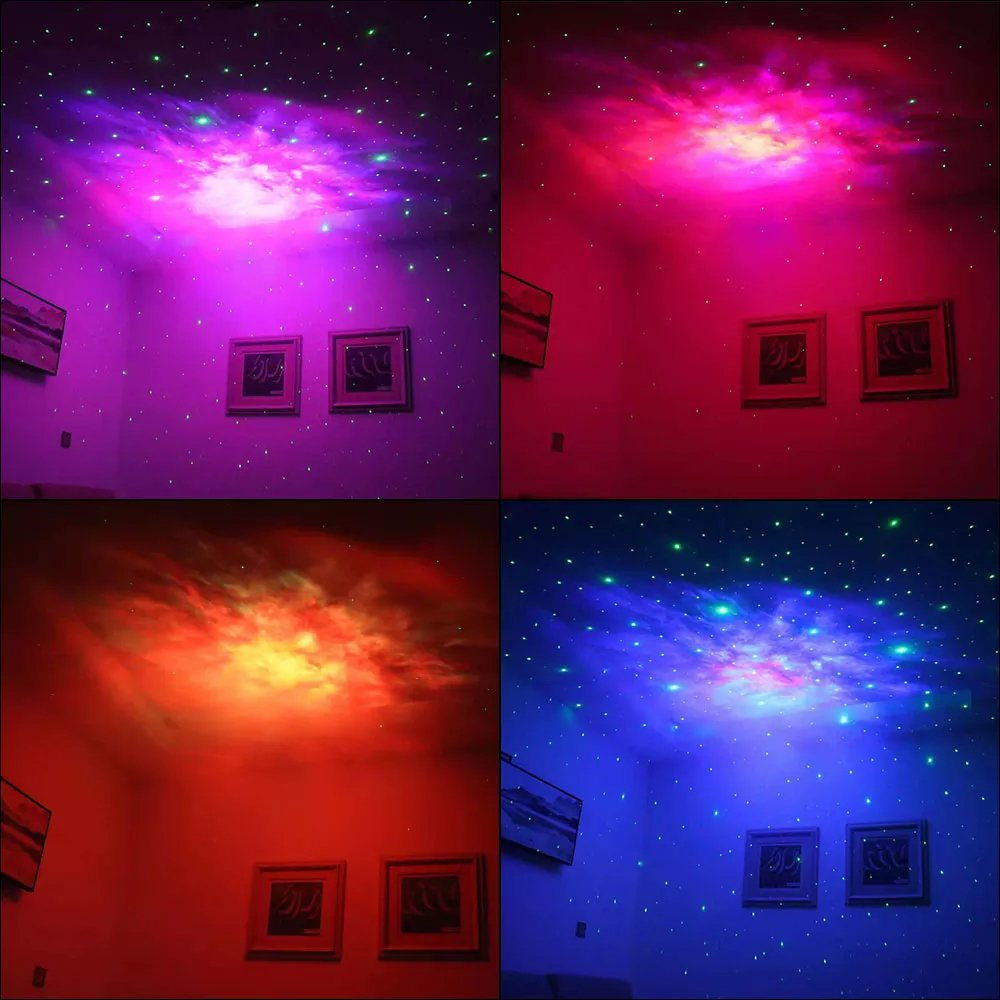 Vier afbeeldingen tonen een kamer met een galaxy projector. Elke afbeelding heeft een ander kleurenschema: paars, rood, oranje en blauw. Muurkunst aanwezig.